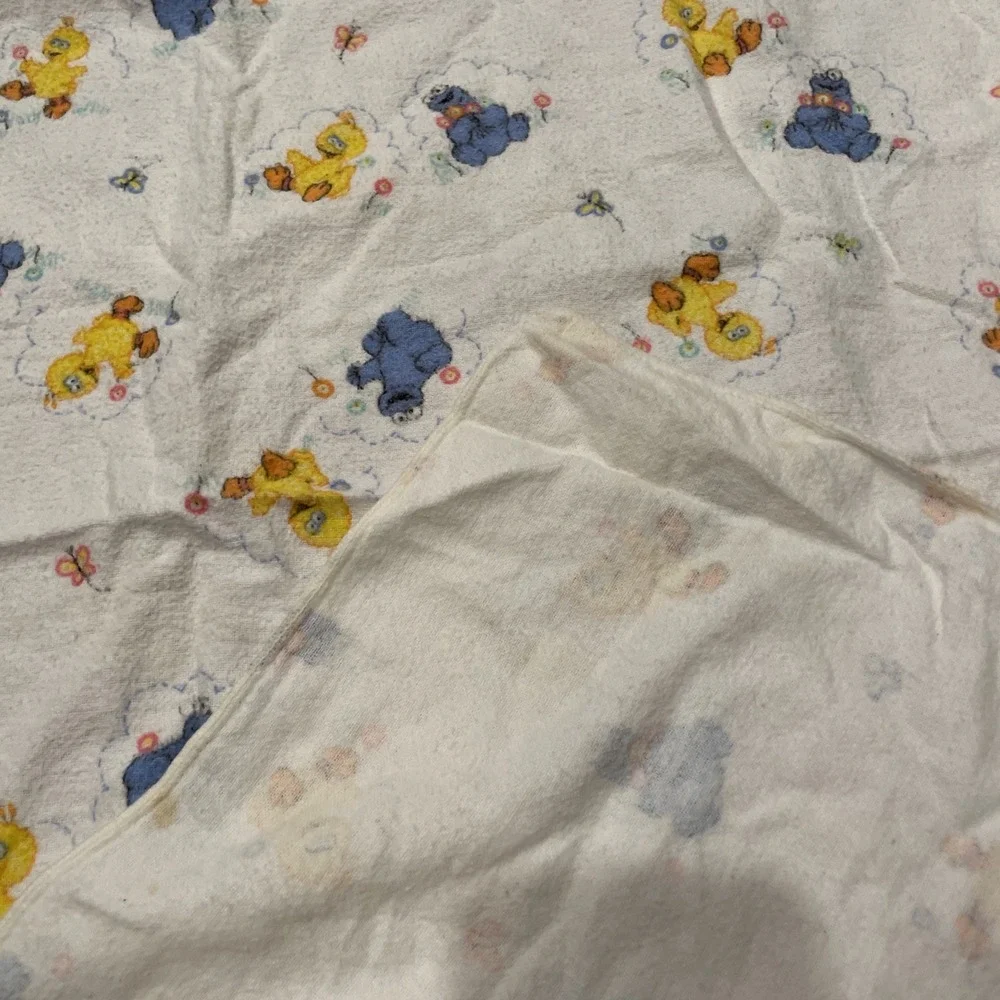 Vtg Sesame Street Baby Blanket Flannel Receiving White Big Bird Cookie Monster